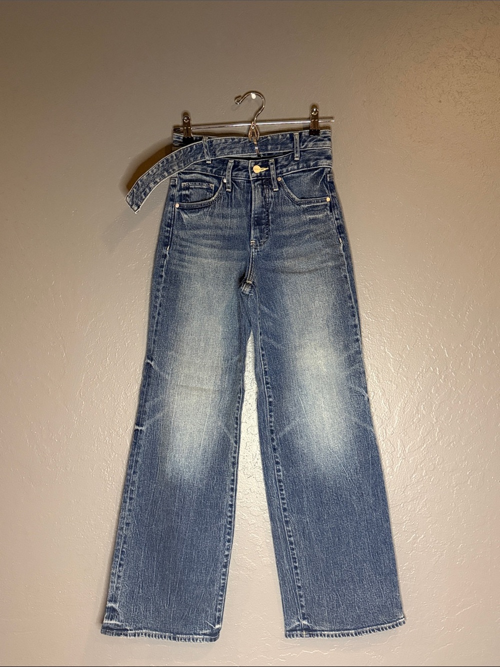 Express Medium Blue High-Rise Wide-Leg Jeans with Waist Tie